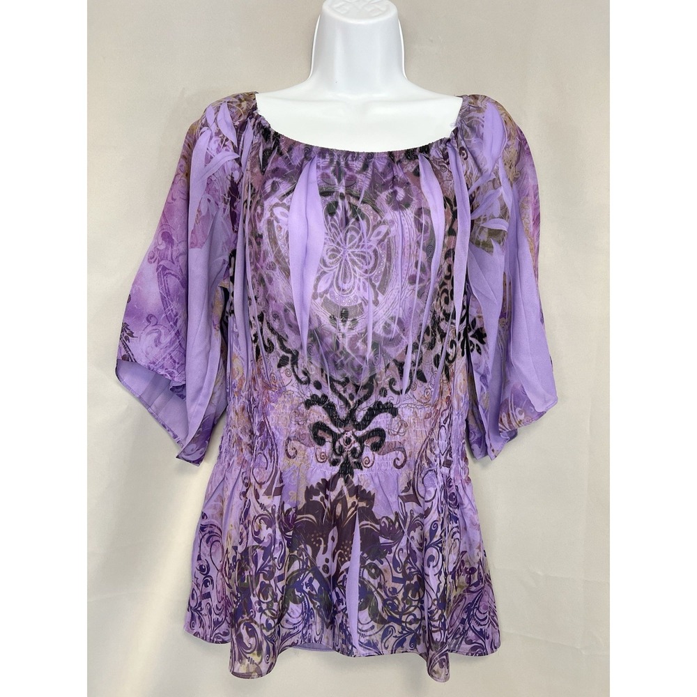 Cato Women's Purple Floral Chiffon Pleated Pullover Blouse‎ Top Sz Large